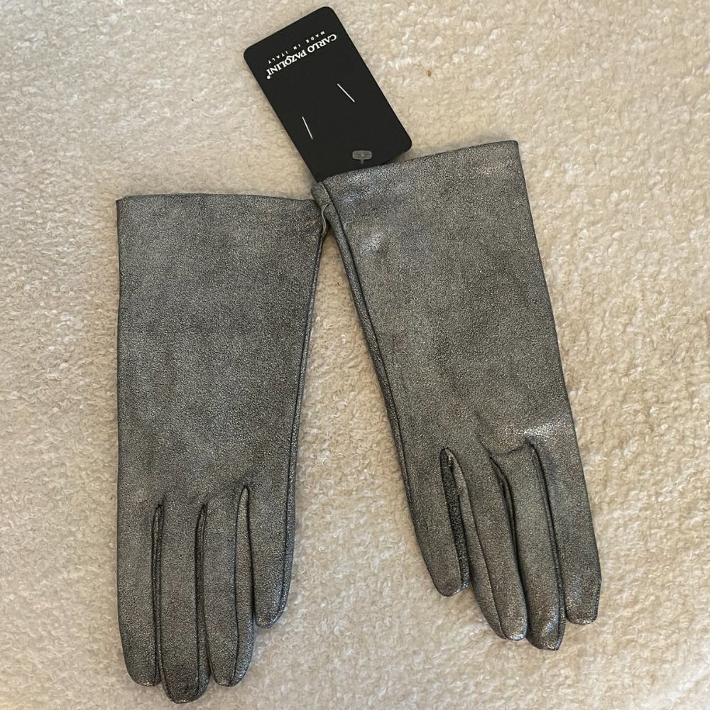 NWT CARLO PAZOLINI leather silver gloves with silk lining - Picture 2 of 10